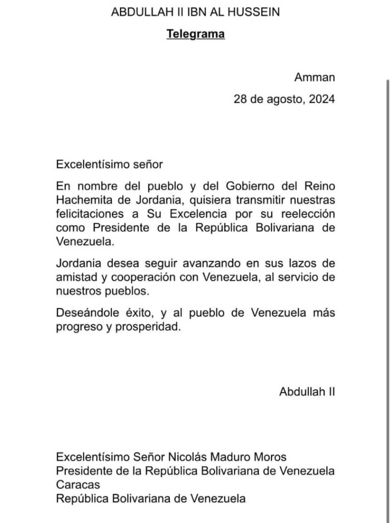 Rey de Jordania felicita al presidente Nicolás Maduro tras su victoria electoral 2 WhatsApp Image 2024 08 29 at 9.41.45 AM