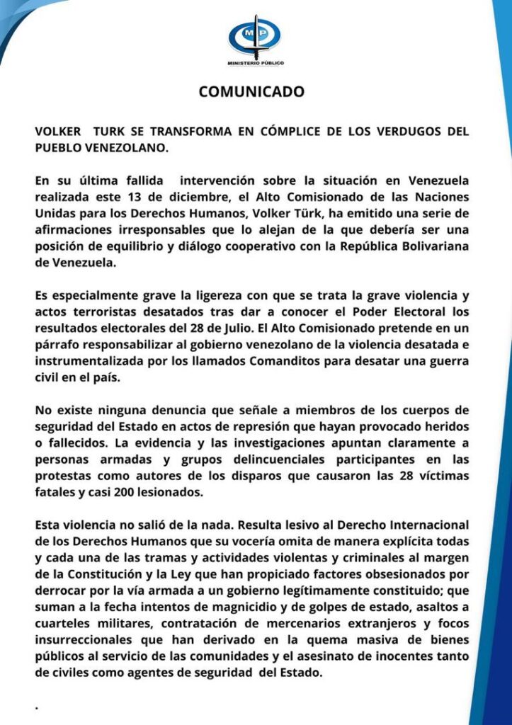 Fiscalía de Venezuela denuncia postura de Volker Türk sobre actos terroristas tras el 28J 2 340f10bf Af8a 4c56 8778 D5a59ca65e72