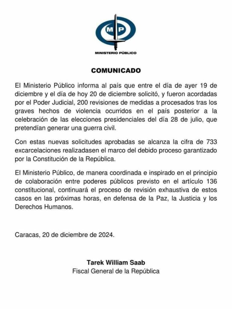 Venezuela acuerda revisar 200 nuevos procesos por actos violentos tras el 28J 2 cc