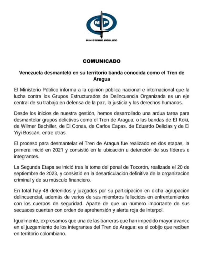 Gobierno venezolano informa desmantelamiento de banda delincuencial el Tren de Aragua 2 8592e03d 6dae 4b99 8ade d5ee3dd2037d