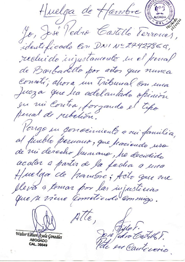 Perú: Pedro Castillo declara huelga de hambre por injusticia en juicio en su contra 2 pedro castillo