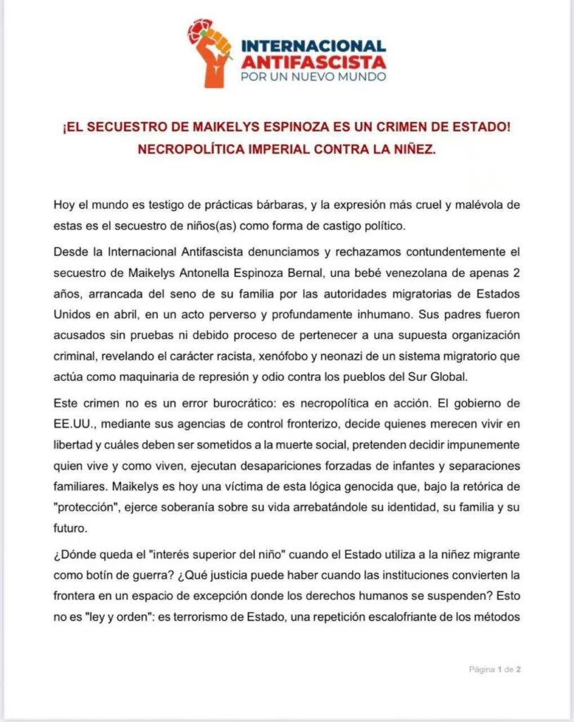 Internacional Antifascista: secuestro de bebé venezolana Maikelys es terrorismo de Estado 2 993ae97f b778 4bb1 97c1 1cea4adc5dba