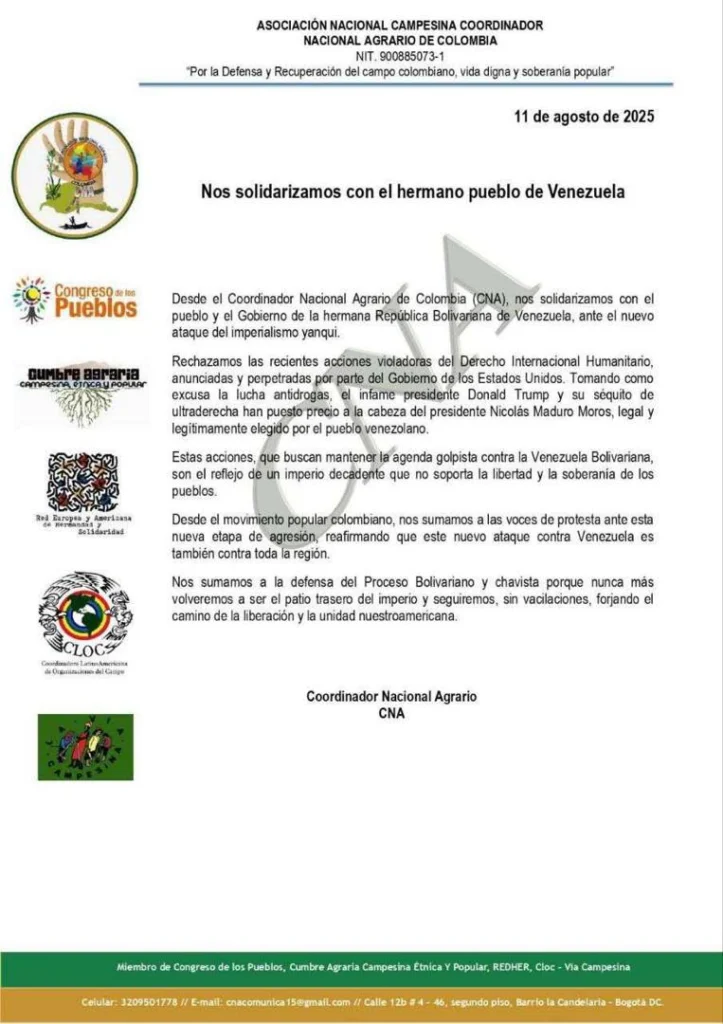 Movimientos sociales colombianos muestran su solidaridad con Venezuela frente a las amenazas de EE.UU. 3 a52ea1b2 460d 415e b24e 98fa9834db6b