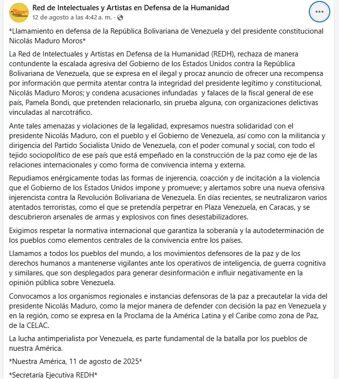 Zona de paz: REDH condena escalada agresiva de EE.UU. contra Venezuela 2 comunicado red defensa humanidad.jpg