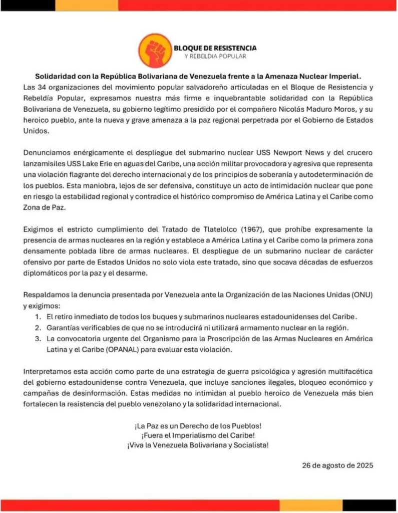 Zona de paz: Sectores progresistas de América Latina rechazan amenaza de EE.UU. contra Venezuela 2 el salvador