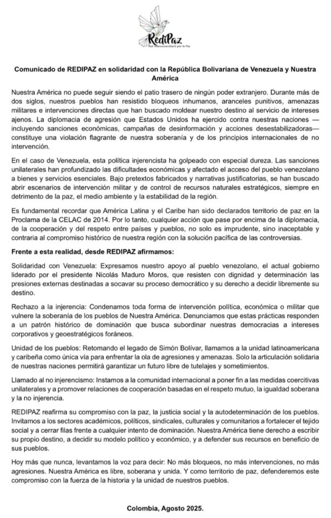 Movimientos sociales colombianos muestran su solidaridad con Venezuela frente a las amenazas de EE.UU. 2 whatsapp image 2025 08 12 at 10 56 42 am