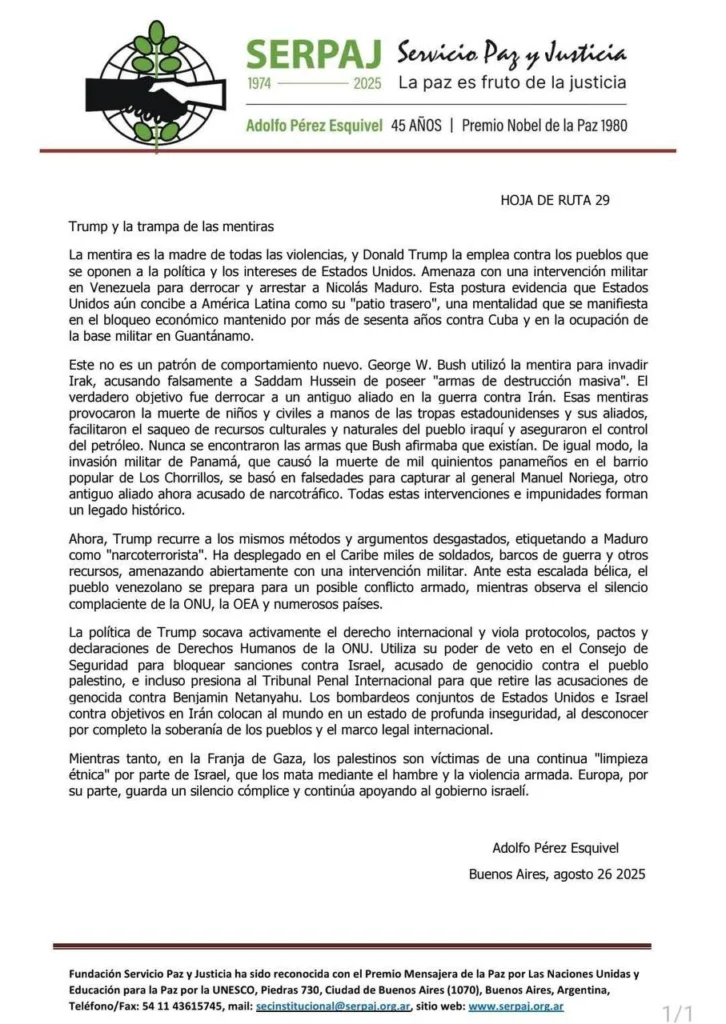 Adolfo Pérez Esquivel denuncia amenaza militar de EE.UU. contra Venezuela