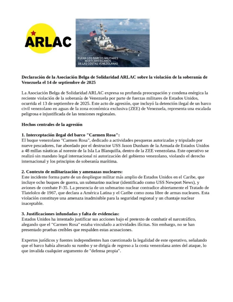 Organizaciones se solidarizan con Venezuela tras asalto de destructor de EE.UU. a un barco venezolano 5 belgiaca comunicado 1