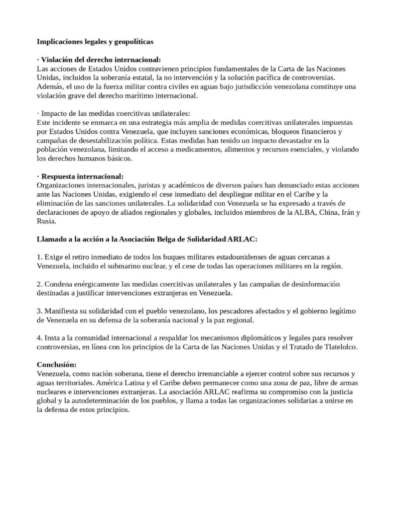 Organizaciones se solidarizan con Venezuela tras asalto de destructor de EE.UU. a un barco venezolano 6 belgica comunicado 2