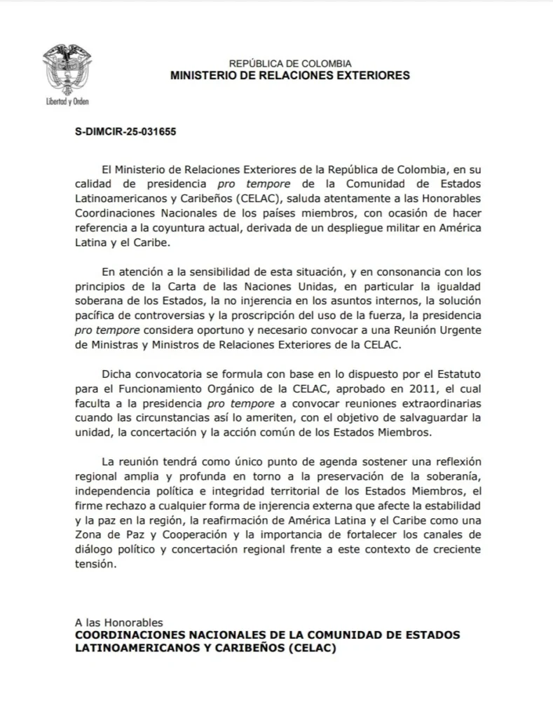 CELAC convoca reunión de urgencia ante despliegue militar de EE.UU. en el Caribe 2 colombia