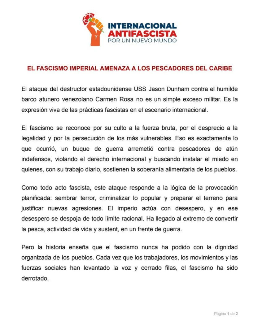 Organizaciones se solidarizan con Venezuela tras asalto de destructor de EE.UU. a un barco venezolano 3 comunicado antifascista