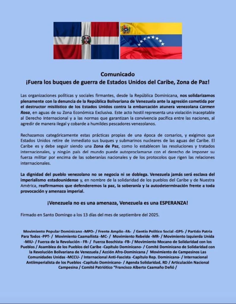 Organizaciones se solidarizan con Venezuela tras asalto de destructor de EE.UU. a un barco venezolano 2 comunicado dominicana