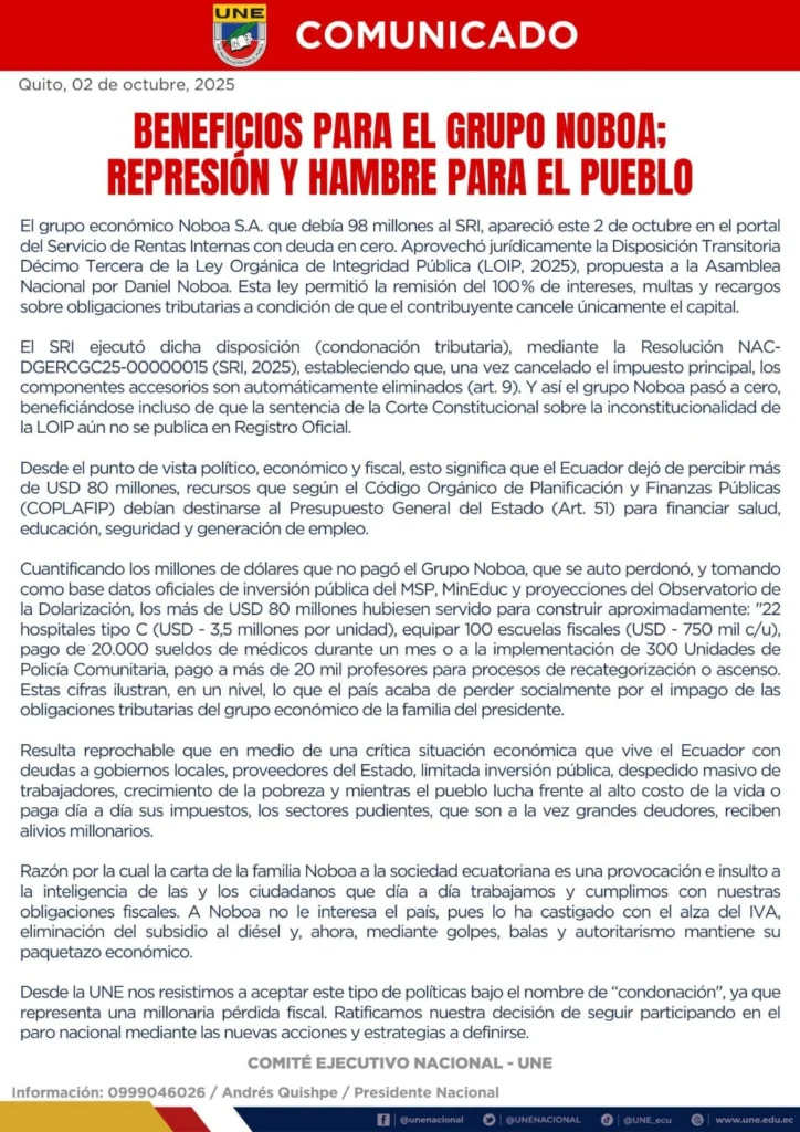 Ecuador: Condonación millonaria al grupo Noboa en medio de paro nacional 2 une ecuador