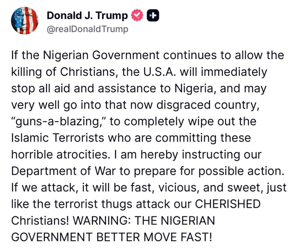 Trump arremete contra Nigeria y ordena al Pentágono prepararse para atacarla 2 5780915295273814813