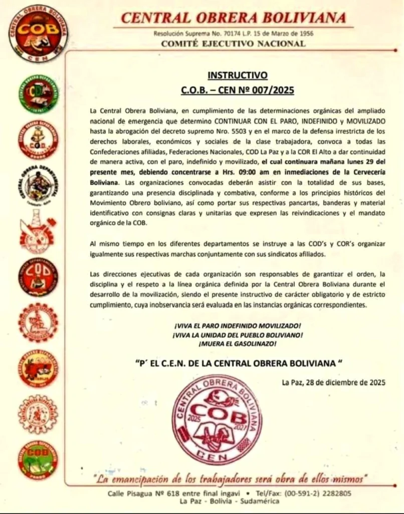 Obreros mantienen este lunes el paro indefinido y movilizado contra "Gasolinazo" de Rodrigo Paz 2 comunicado