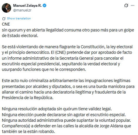 Expresidente Manuel Zelaya denuncia intento de golpe electoral del CNE en Honduras 2 zelaya jpg.png