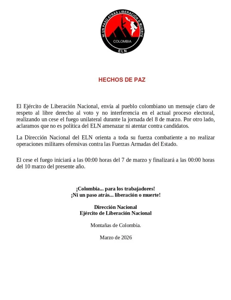 ELN anuncia cese al fuego de cara a las elecciones legislativas en Colombia 2 whatsapp image 2026 03 01 at 9 53 57 am