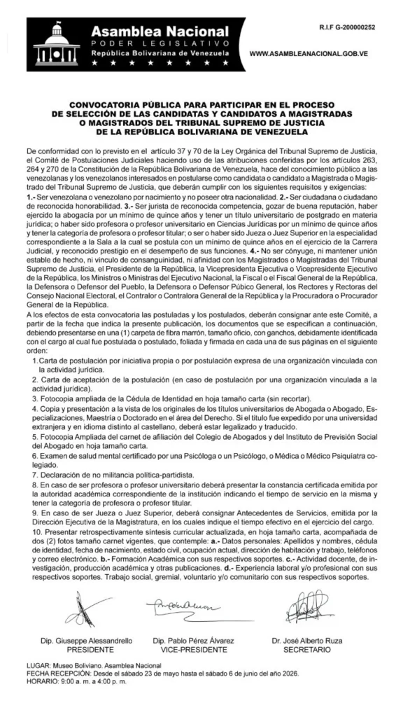 Parlamento de Venezuela abre convocatoria para cargos en el poder judicial 2 3
