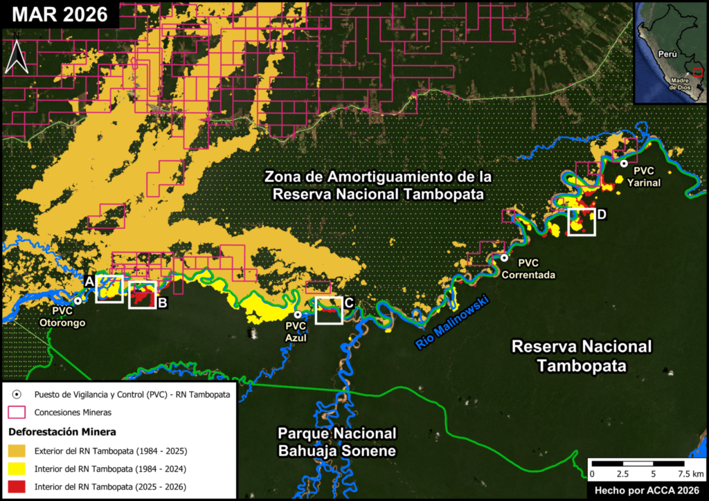 Amazonía peruana: minería ilegal arrasó 500 hectáreas durante un año en Tambopata 2 3 mapabase rntambopata 1536x1086 1