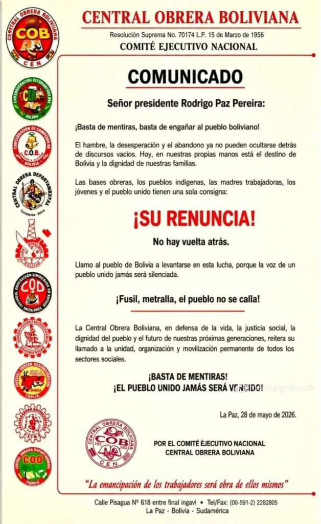 Bolivia: la COB llama a la movilización permanente y exige renuncia del presidente Paz 2 bolivia comunicado cob