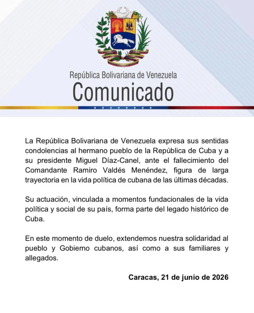 Venezuela expresa condolencias a Cuba por fallecimiento de Comandante Ramiro Valdés 2 venezuela comunicado jpg