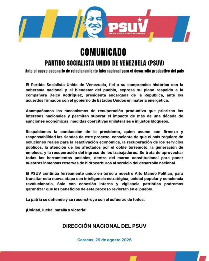 PSUV expresa pleno respaldo a Delcy Rodríguez tras acuerdo energético entre Venezuela y EE. UU. 2 4dfa39a9 12a4 46dc 9c81 0e811b1fdc4b