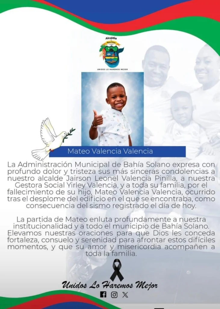 Murió el hijo de un alcalde del municipio del Chocó tras sismo de 7,4 en Colombia 2 alcaldia