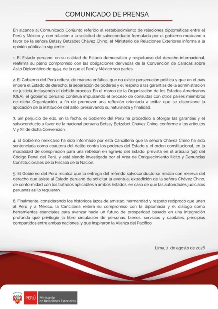 Perú y México restablecen relaciones tras acuerdo por salvoconducto de Betssy Chávez 2 peru restablecimiento relaciones mexico jpg