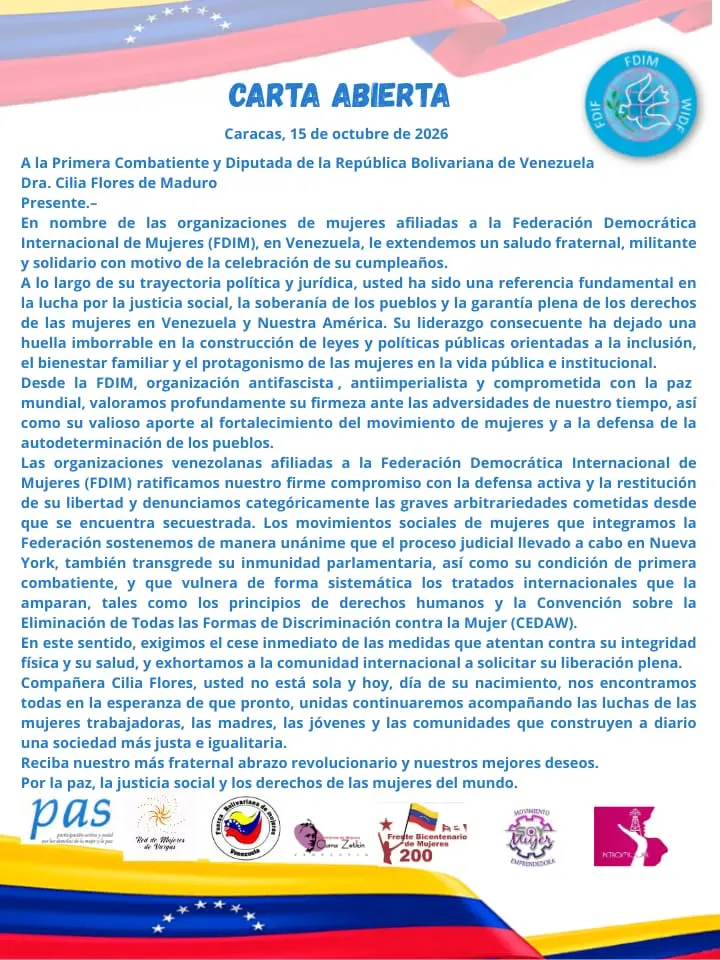Capítulo Venezuela de la FDIM exige libertad del presidente Maduro y la diputada Cilia Flores 2 carta abierta cilia.jpg