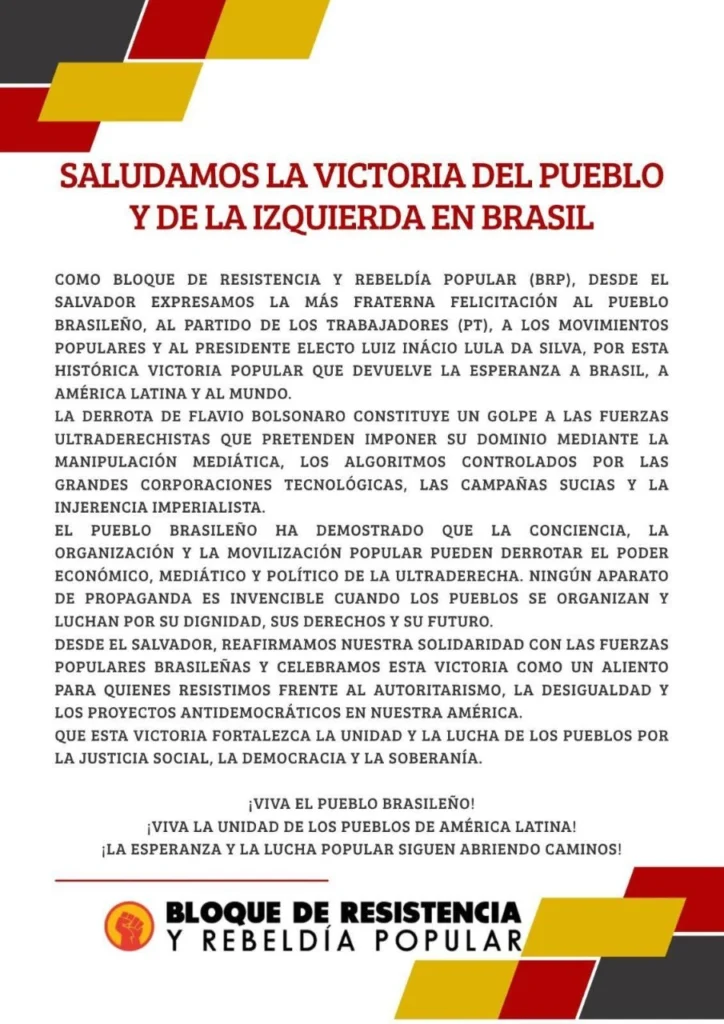 Bloque de Resistencia Popular de El Salvador celebra reelección de Lula en Brasil 2 comunicado 1